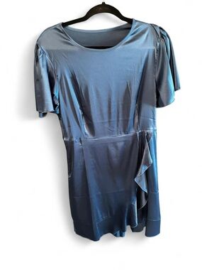 Satin Scoop Neck Dress in Slate Blue